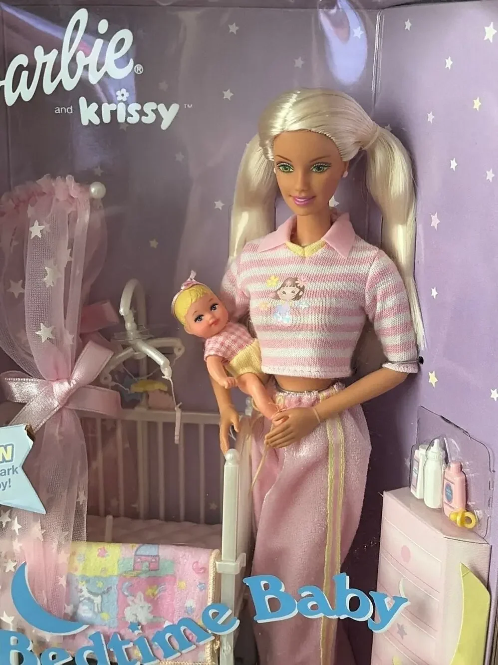 NIB Vintage Bedtime Baby Barbie & Krissy Dolls Glow in Dark Rocking Crib *read*